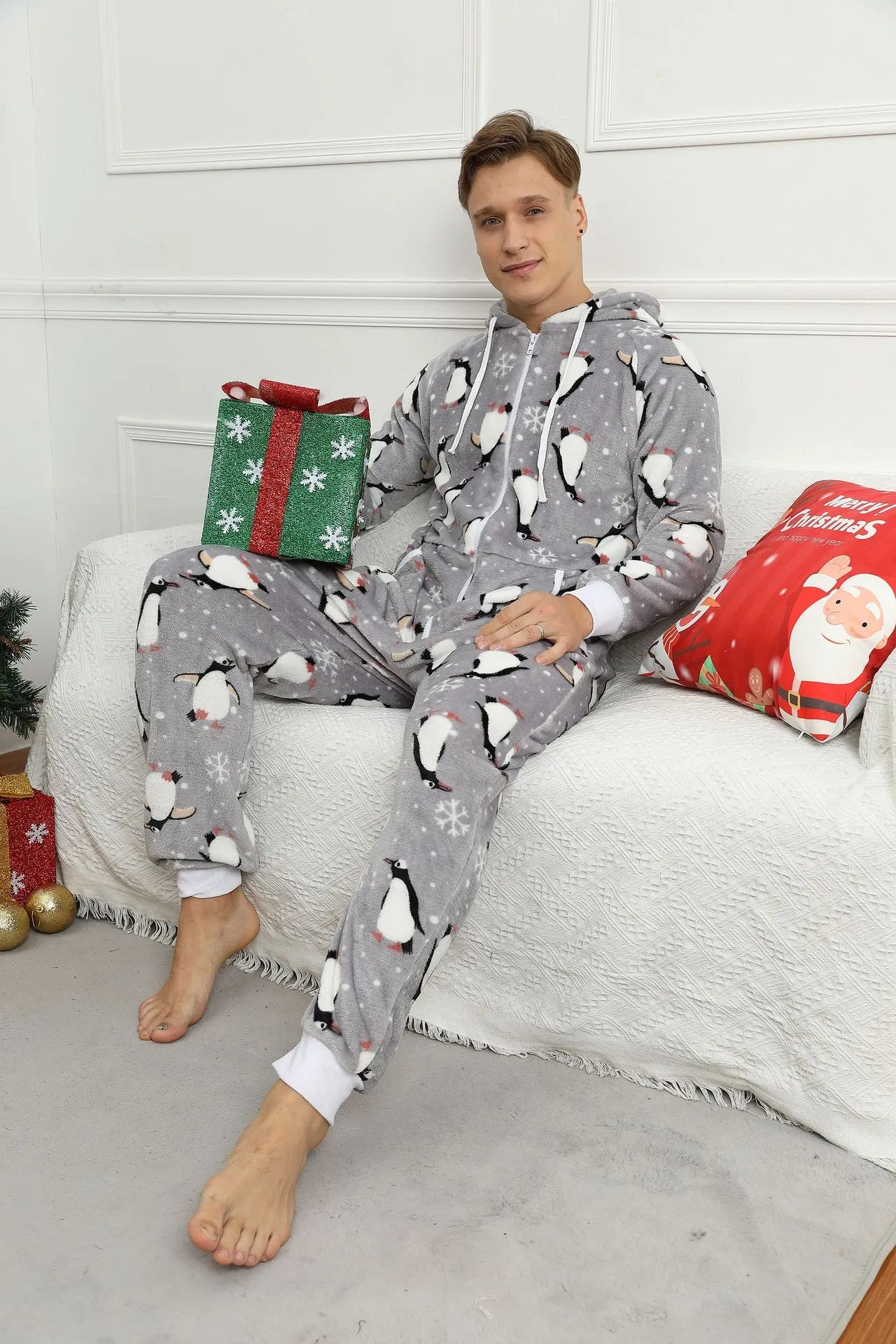 Grey Penguin Hooded Onesie for Men: Cozy Winter Sleepwear - MIOSAKI