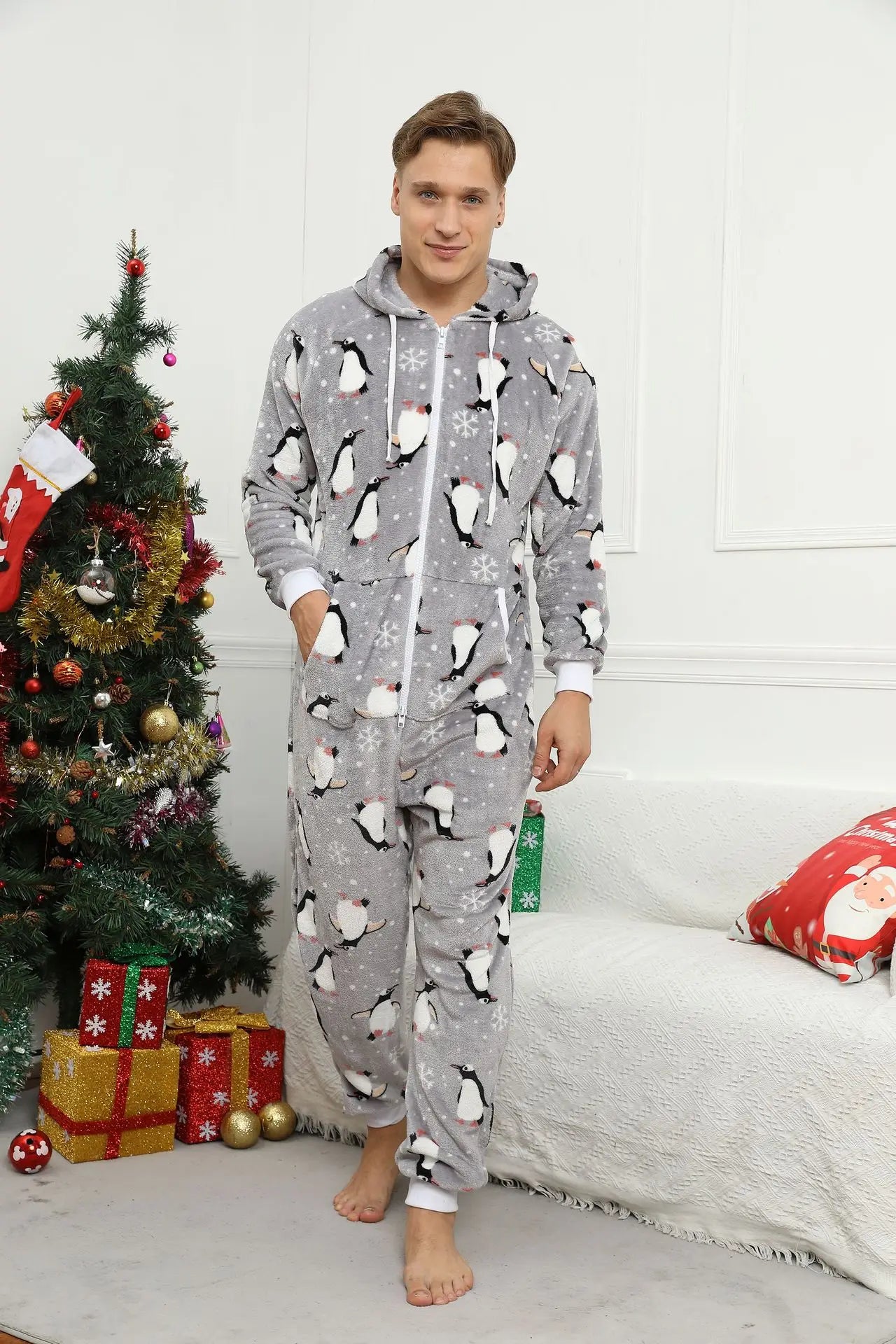 Grey Penguin Hooded Onesie for Men: Cozy Winter Sleepwear - MIOSAKI