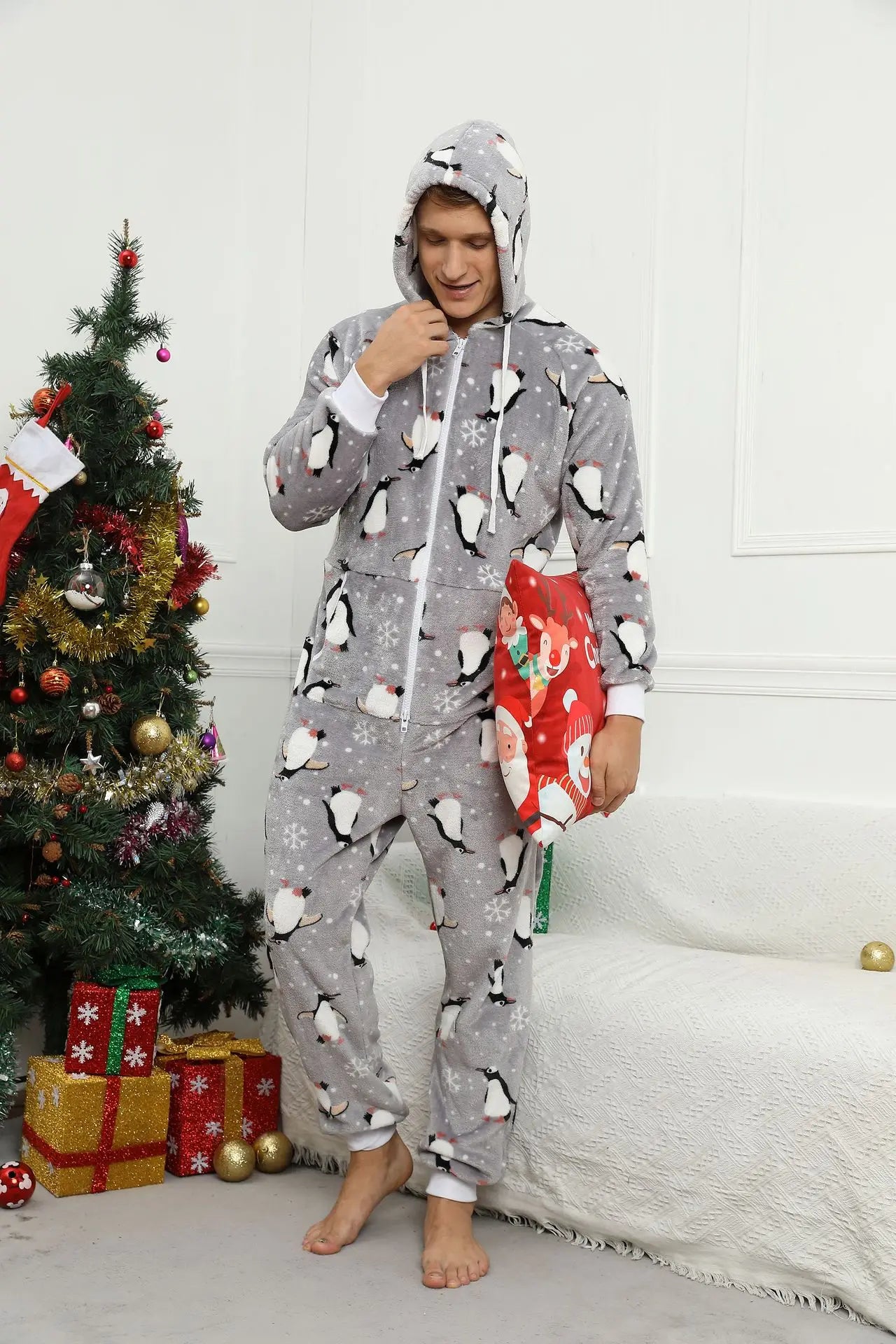 Grey Penguin Hooded Onesie for Men: Cozy Winter Sleepwear - MIOSAKI