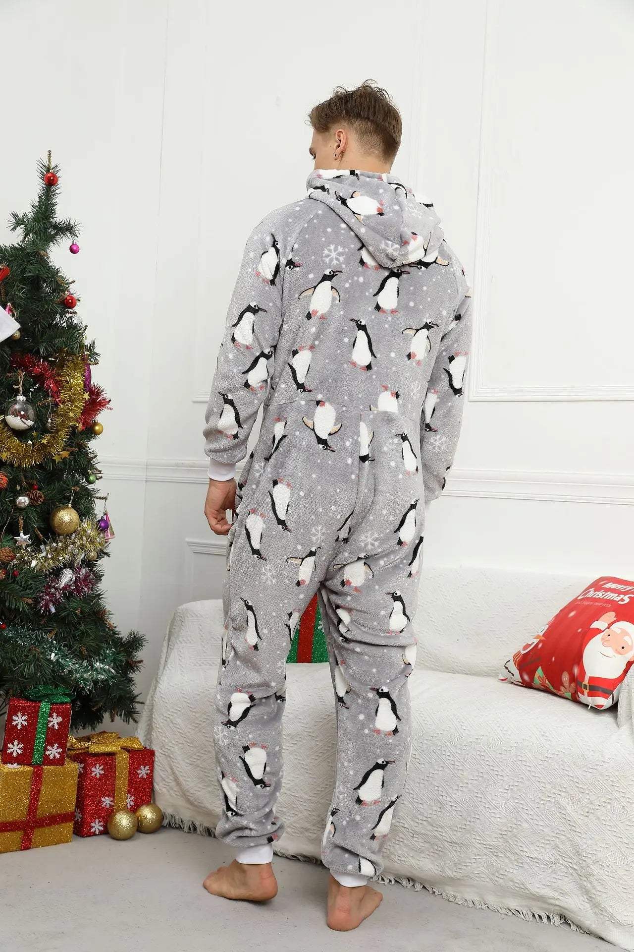 Grey Penguin Hooded Onesie for Men: Cozy Winter Sleepwear - MIOSAKI